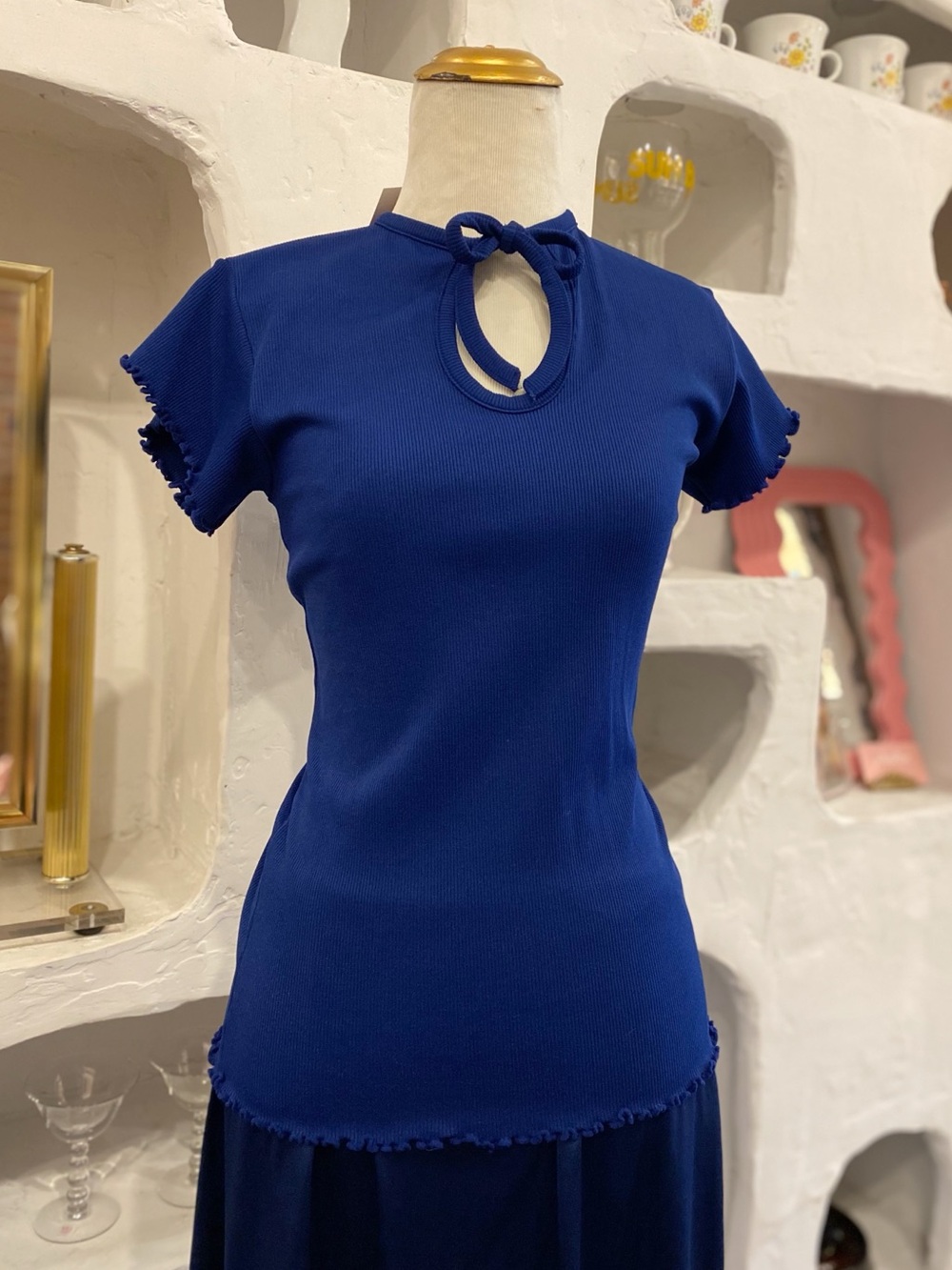 Navy Blue Vintage Neck Tie Keyhole Ribbed Short Sleeve Tee with Lettuce Trim